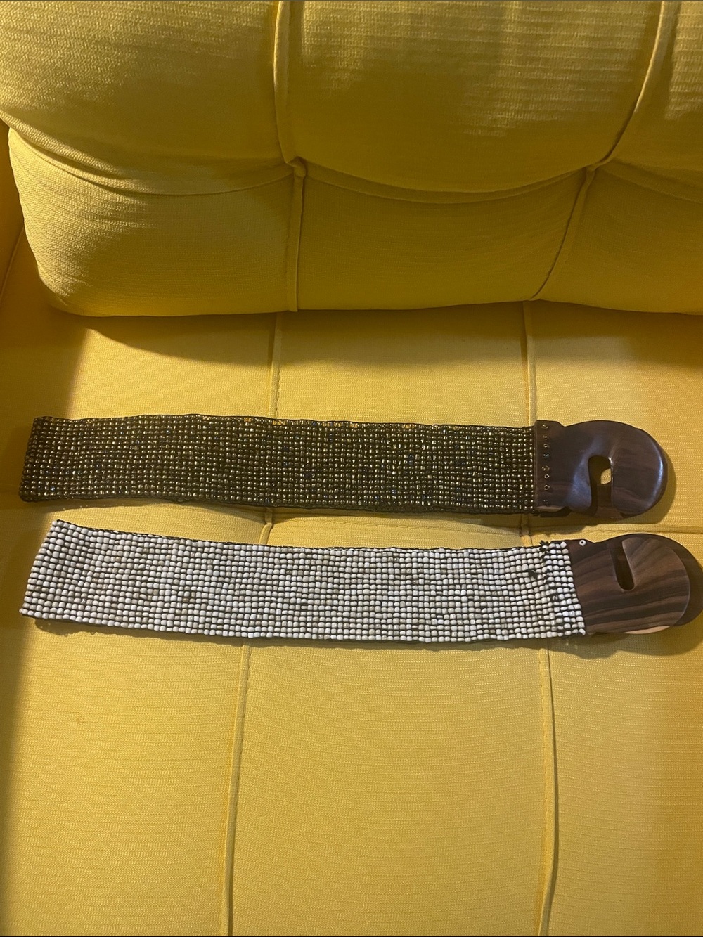 Vintage Stretch Beaded Waist Belts with Faux Wooden Buckle - Bronze and White